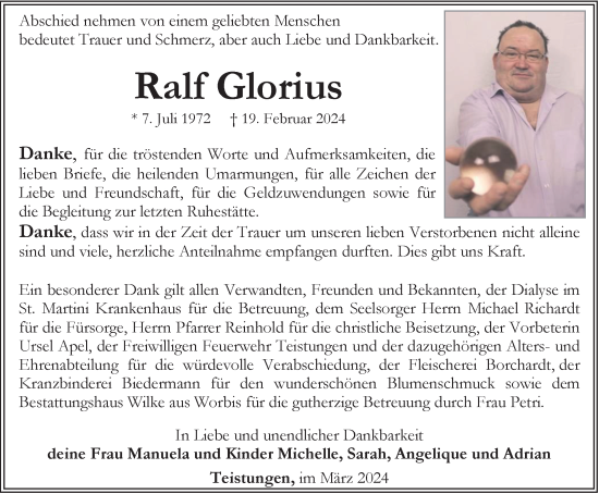 Traueranzeige von Ralf Glorius von Thüringer Allgemeine