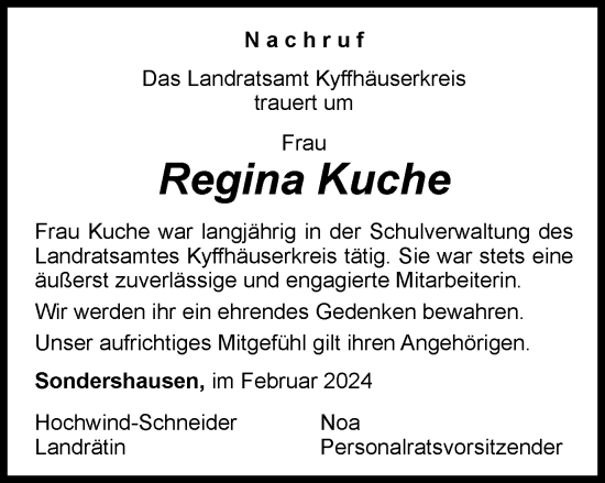 Traueranzeige von Regina Kuche von Thüringer Allgemeine