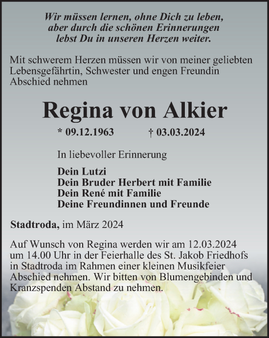 Traueranzeige von Regina von Alkier von Ostthüringer Zeitung