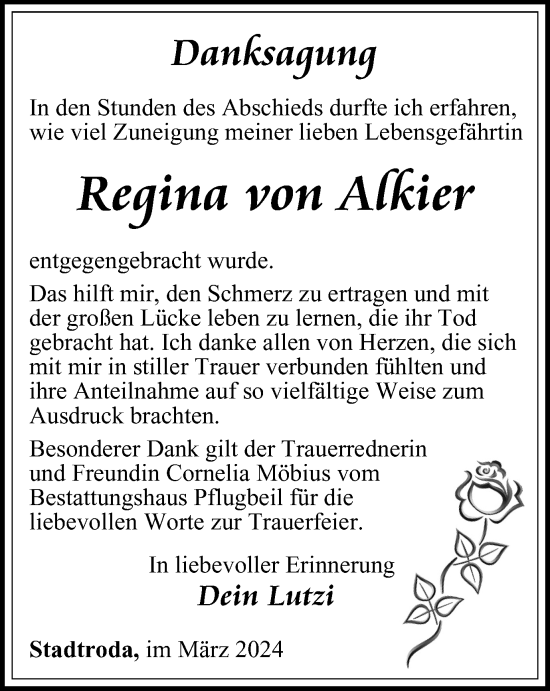 Traueranzeige von Regina von Alkier von Ostthüringer Zeitung