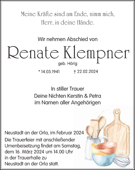 Traueranzeige von Renate Klempner von Ostthüringer Zeitung