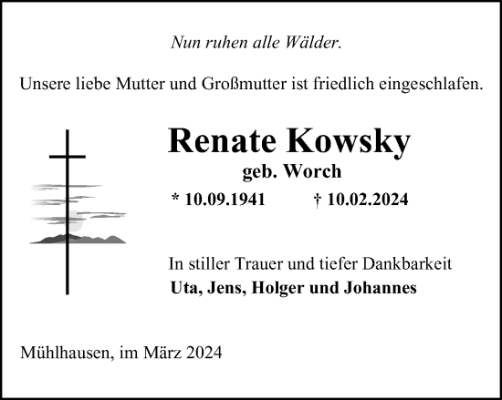 Traueranzeige von Renate Kowsky von Thüringer Allgemeine, Thüringische Landeszeitung