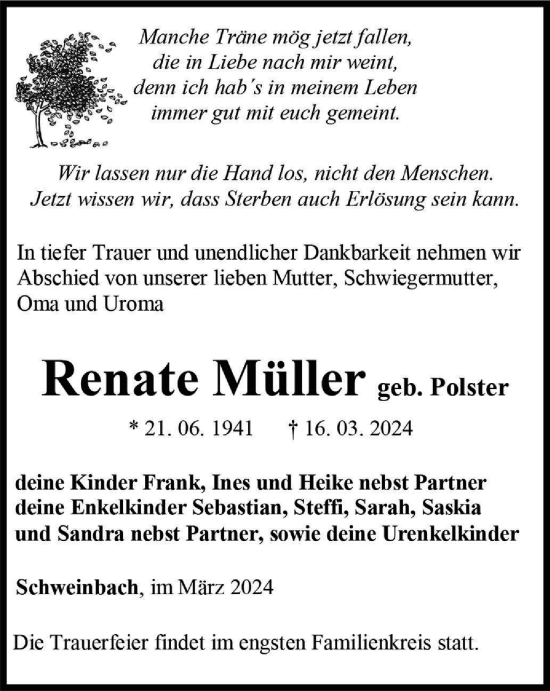 Traueranzeige von Renate Müller von Ostthüringer Zeitung