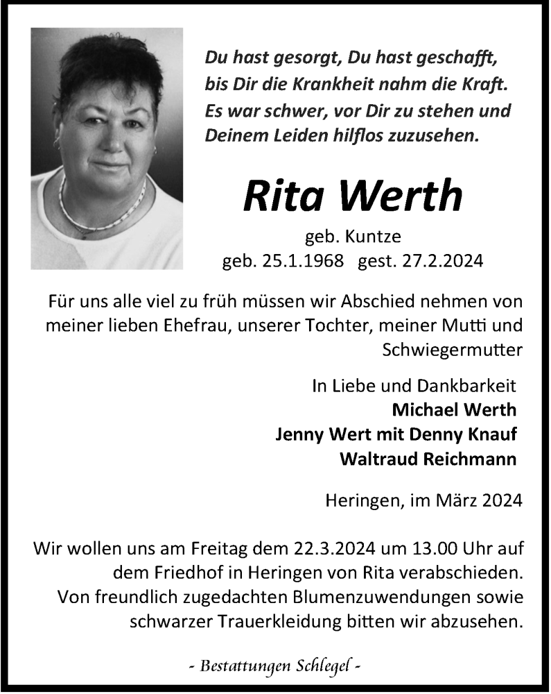  Traueranzeige für Rita Werth vom 09.03.2024 aus Thüringer Allgemeine