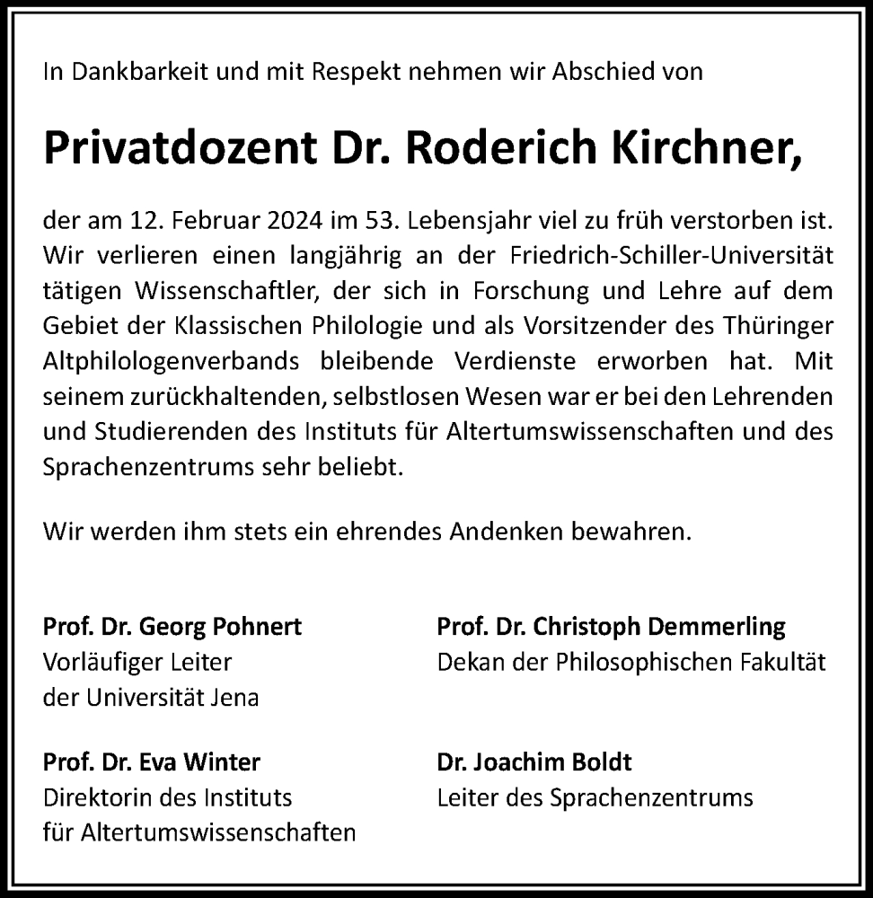  Traueranzeige für Roderich Kirchner vom 16.03.2024 aus Ostthüringer Zeitung, Thüringische Landeszeitung