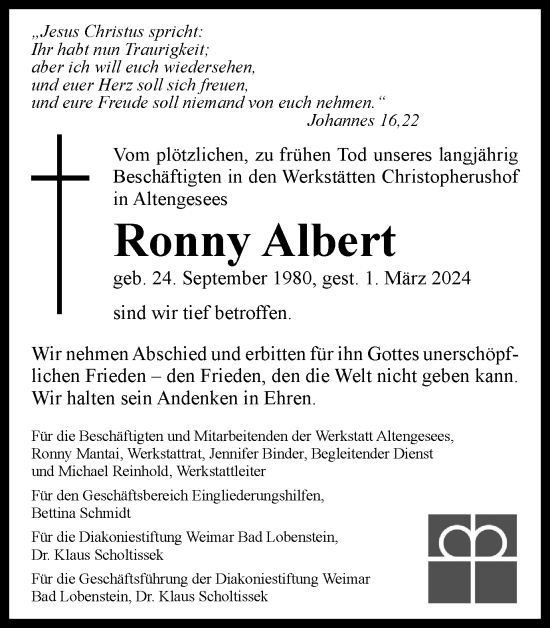 Traueranzeige von Ronny Albert von Ostthüringer Zeitung