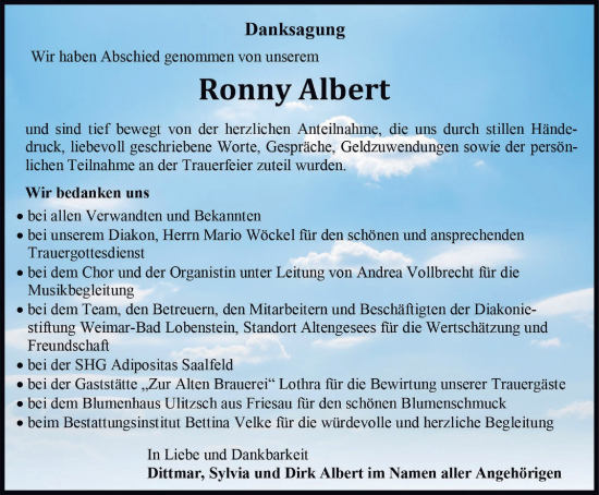 Traueranzeige von Ronny Albert von Ostthüringer Zeitung