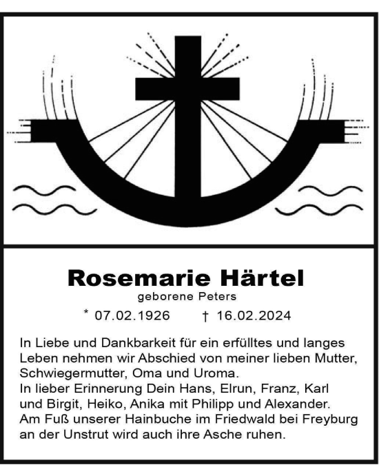 Traueranzeige von Rosemarie Härtel von Thüringer Allgemeine, Thüringische Landeszeitung