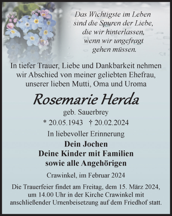 Traueranzeige von Rosemarie Hertha von Thüringer Allgemeine, Thüringische Landeszeitung