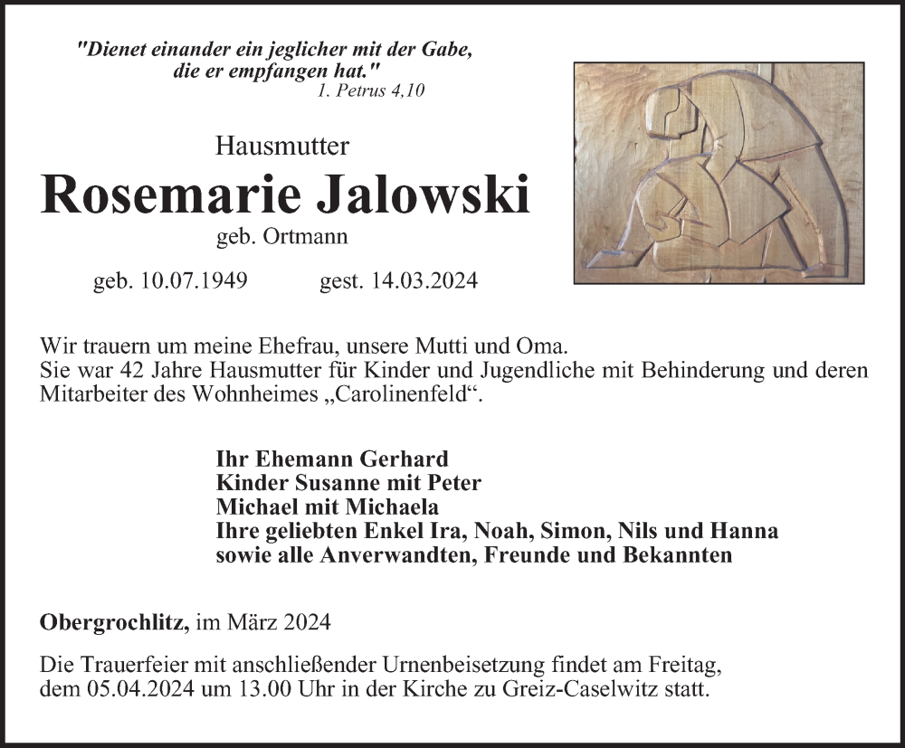  Traueranzeige für Rosemarie Jalowski vom 22.03.2024 aus Ostthüringer Zeitung
