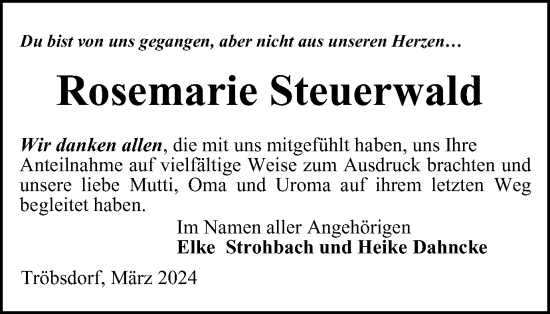 Traueranzeige von Rosemarie Steuerwald von Thüringer Allgemeine, Thüringische Landeszeitung