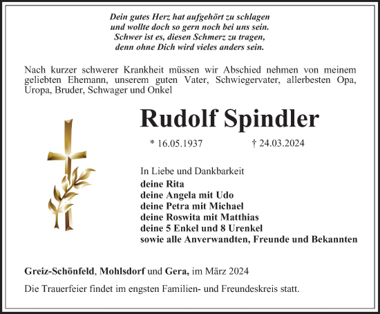 Traueranzeige von Rudolf Spindler von Ostthüringer Zeitung