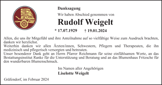 Traueranzeige von Rudolf Weigelt von Ostthüringer Zeitung