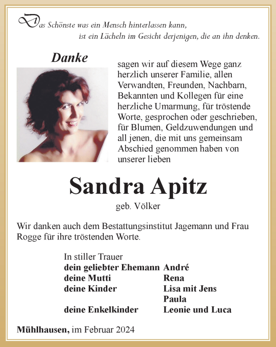 Traueranzeige von Sandra Apitz von Thüringer Allgemeine, Thüringische Landeszeitung