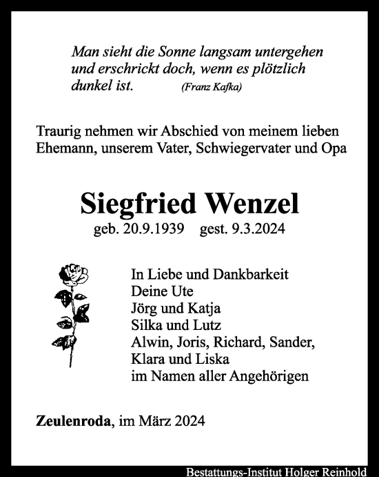 Traueranzeige von Siegfried Wenzel von Ostthüringer Zeitung