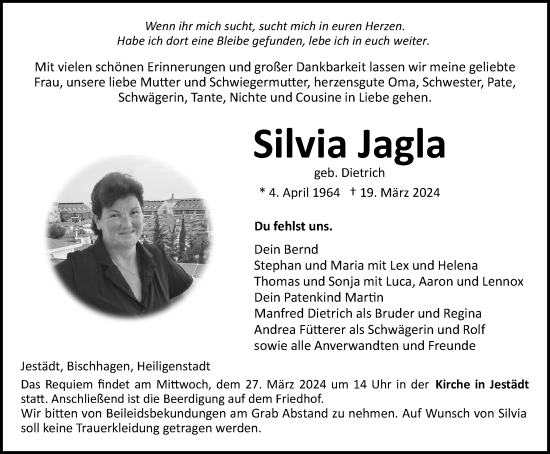 Traueranzeige von Silvia Jagla von Thüringer Allgemeine