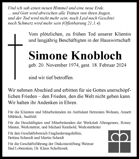 Traueranzeige von Simone Knobloch von Ostthüringer Zeitung