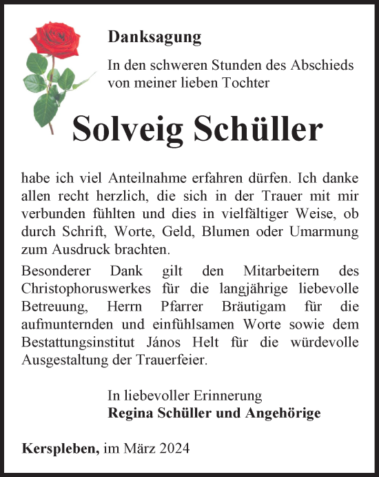 Traueranzeige von Solveig Schüller von Thüringer Allgemeine, Thüringische Landeszeitung