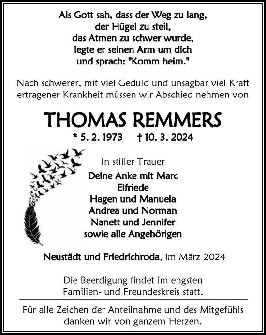 Traueranzeige von Thomas Remmers von Thüringer Allgemeine, Thüringische Landeszeitung
