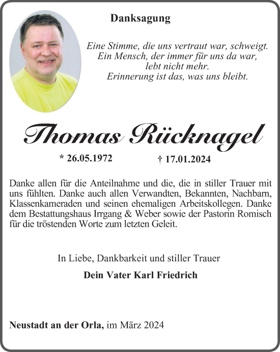 Traueranzeige von Thomas Rücknagel von Ostthüringer Zeitung