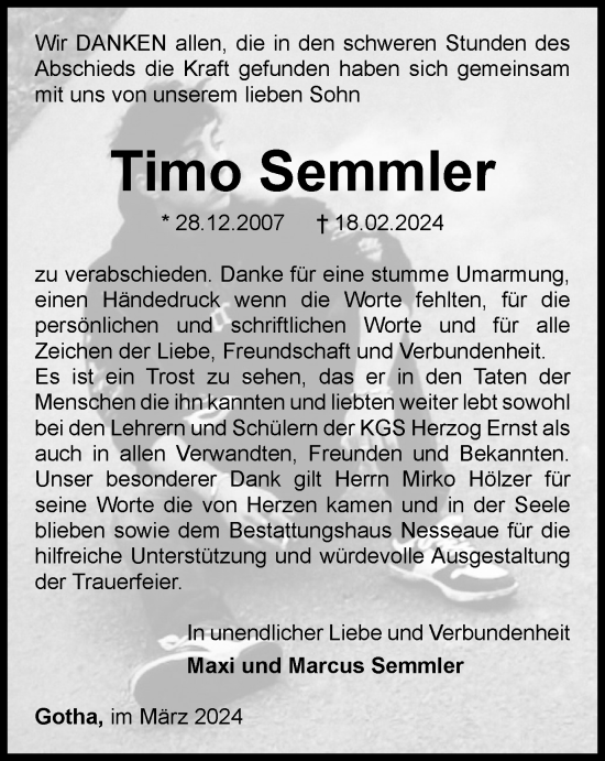 Traueranzeige von Timo Semmler von Thüringer Allgemeine, Thüringische Landeszeitung