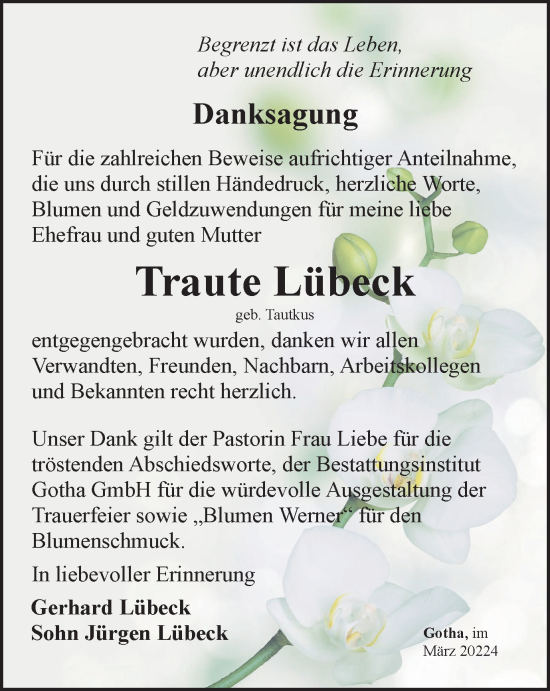 Traueranzeige von Traute Lübeck von Thüringer Allgemeine, Thüringische Landeszeitung