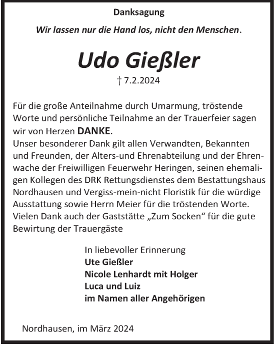 Traueranzeige von Udo Gießler von Thüringer Allgemeine