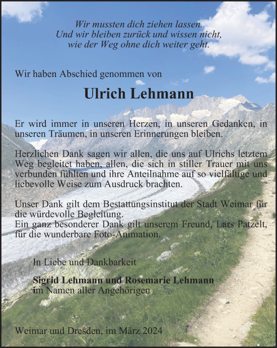 Traueranzeige von Ulrich Lehmann von Thüringer Allgemeine, Thüringische Landeszeitung