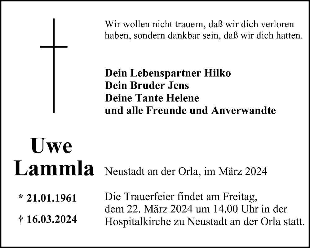  Traueranzeige für Uwe Lammla vom 20.03.2024 aus Ostthüringer Zeitung