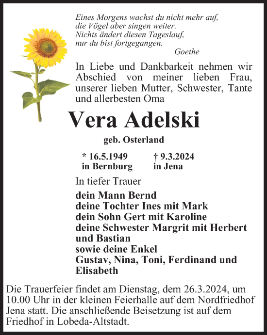 Traueranzeige von Vera Adelski von Ostthüringer Zeitung, Thüringische Landeszeitung