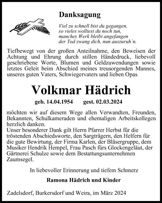 Traueranzeige von Volkmar Hädrich von Ostthüringer Zeitung