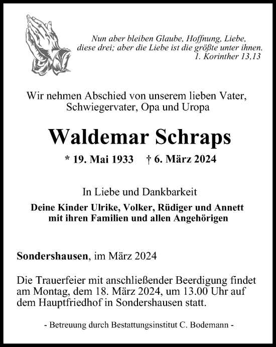 Traueranzeige von Waldemar Schraps von Thüringer Allgemeine