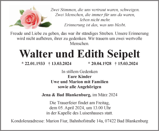 Traueranzeige von Walter und Edith Seipelt von Ostthüringer Zeitung, Thüringische Landeszeitung