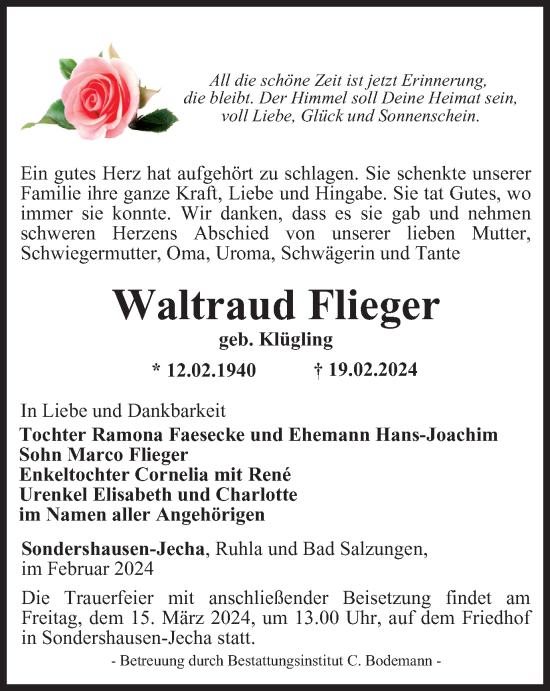 Traueranzeige von Waltraud Flieger