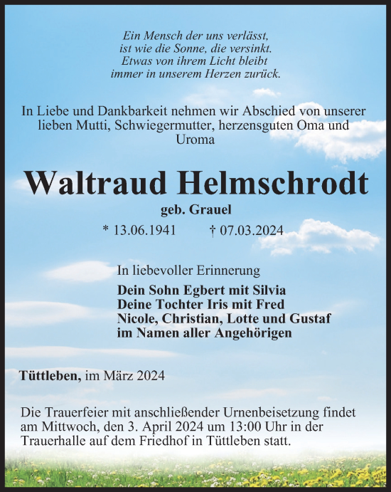 Traueranzeige von Waltraud Helmschrodt von Thüringer Allgemeine, Thüringische Landeszeitung