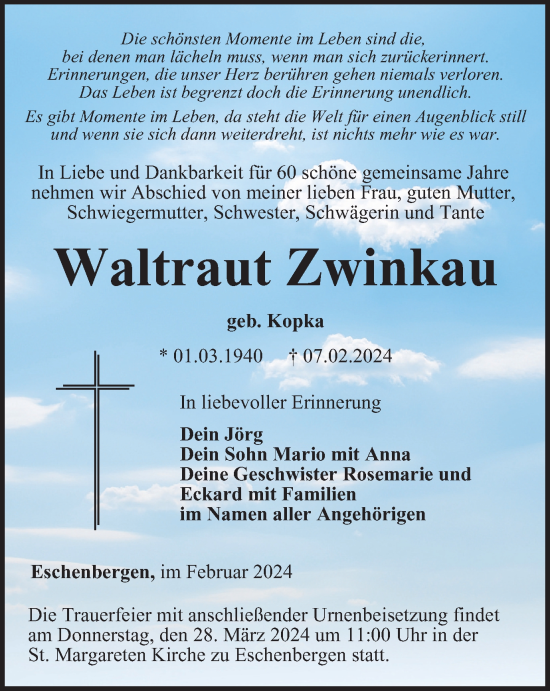 Traueranzeige von Waltraut Zwinkau von Thüringer Allgemeine, Thüringische Landeszeitung