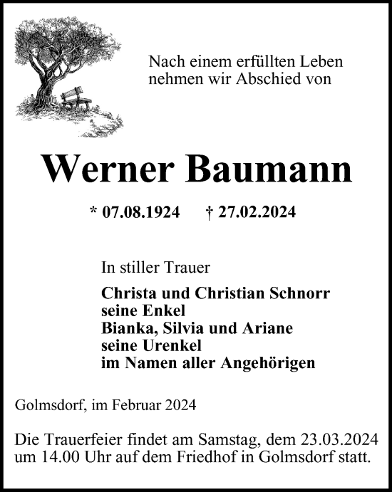 Traueranzeige von Werner Baumann von Ostthüringer Zeitung, Thüringische Landeszeitung