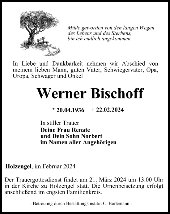 Traueranzeige von Werner Bischoff von Thüringer Allgemeine