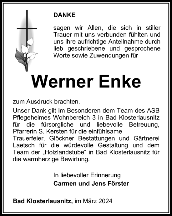 Traueranzeige von Werner Enke von Ostthüringer Zeitung