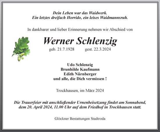 Traueranzeige von Werner Schlenzig von Ostthüringer Zeitung