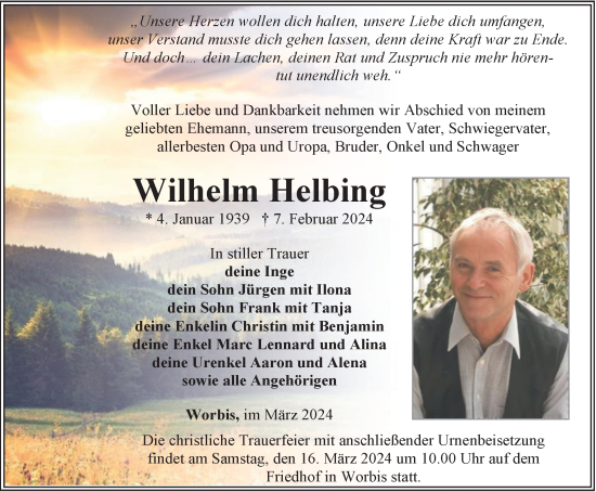 Traueranzeige von Wilhelm Helbing von Thüringer Allgemeine