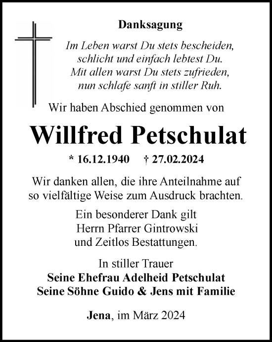 Traueranzeige von Willfred Petschulat von Ostthüringer Zeitung, Thüringische Landeszeitung