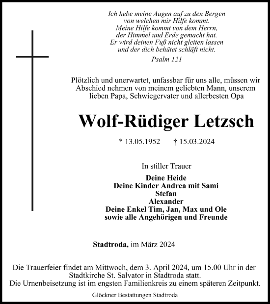 Traueranzeige von Wolf-Rüdiger Letzsch von Ostthüringer Zeitung
