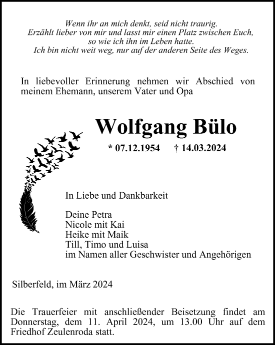 Traueranzeige von Wolfgang Bülo von Ostthüringer Zeitung