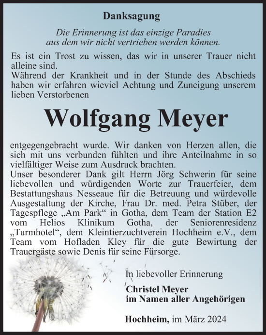 Traueranzeige von Wolfgang Meyer von Thüringer Allgemeine, Thüringische Landeszeitung