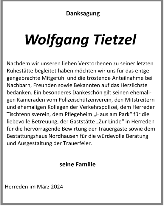 Traueranzeige von Wolfgang Tietzel von Thüringer Allgemeine