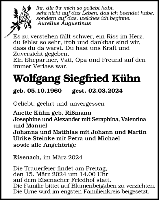 Traueranzeige von Wolfgang Siegfried Kühn von Thüringer Allgemeine, Thüringische Landeszeitung