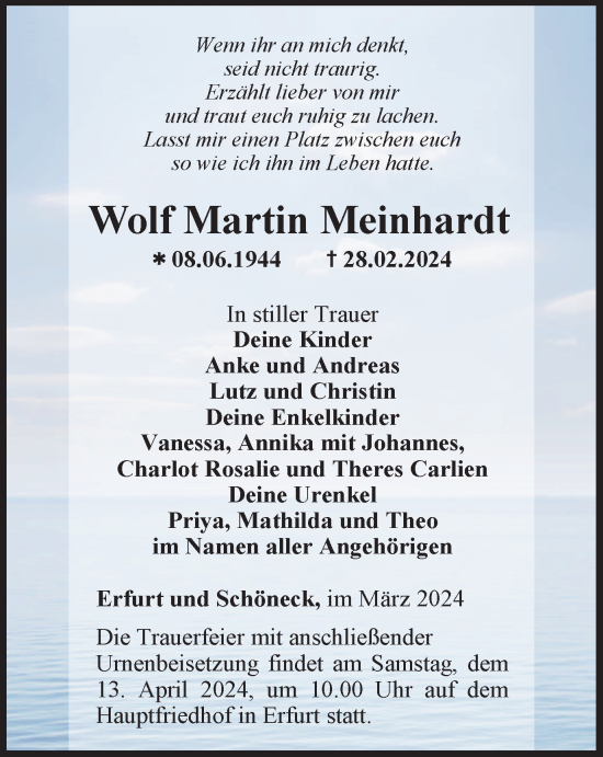 Traueranzeige von Wolf Martin Meinhardt von Thüringer Allgemeine, Thüringische Landeszeitung