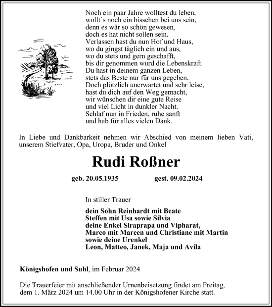 Traueranzeige von Rudi Roßner von Ostthüringer Zeitung