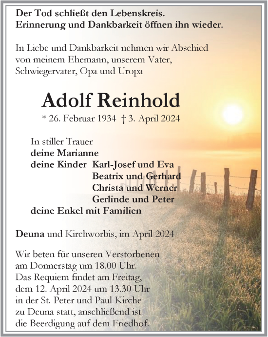 Traueranzeige von Adolf Reinhold von Thüringer Allgemeine